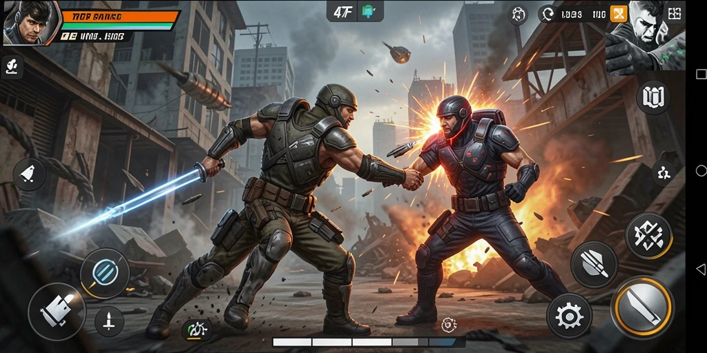 Screenshot gameplay 47F dengan aksi mendebarkan dalam pertempuran.