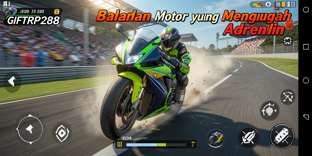 Screenshot gameplay GIFTRP288 yang menunjukkan aksi balapan motor yang seru.