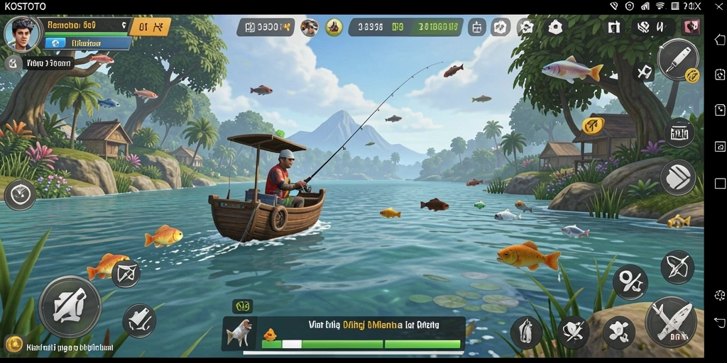 Tampilan gameplay KOSTOTO yang menarik saat memancing ikan.