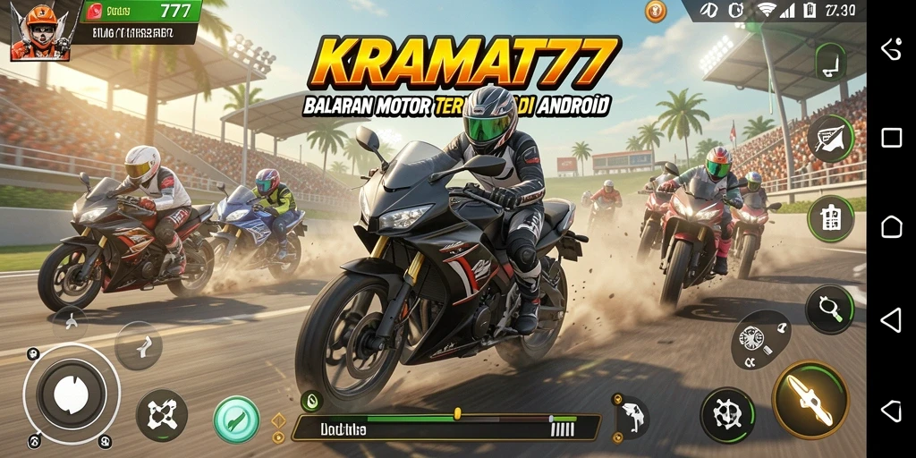 Tampilan gameplay KRAMAT77 yang menegangkan dengan motor balap.