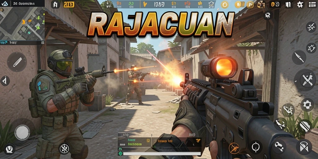Tampilan gameplay RAJACUAN dengan aksi tembak-menembak yang intens.