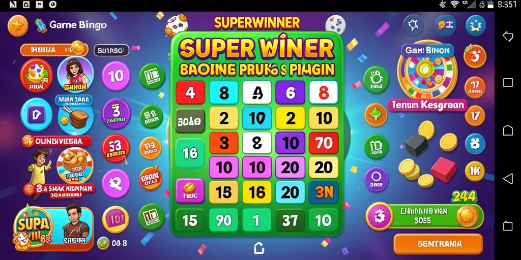Screenshot gameplay SUPERWINNER yang menampilkan kartu Bingo dan antarmuka seru.